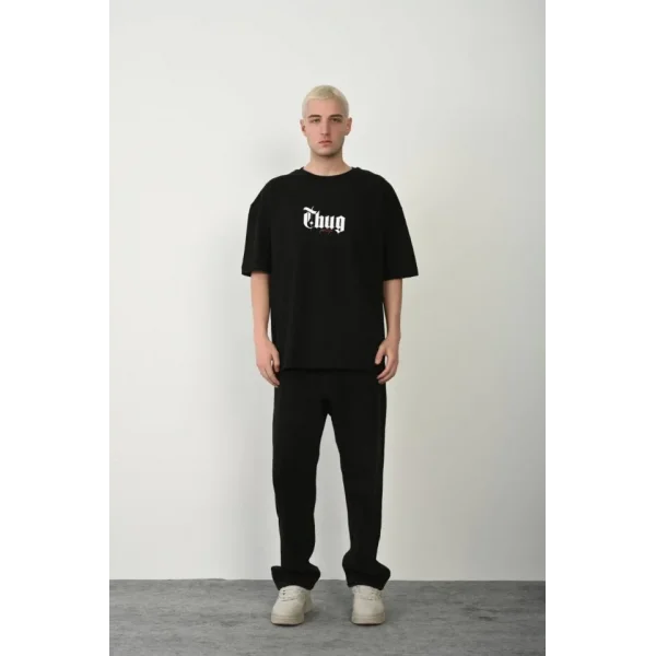 Unisex Baskılı Bisiklet Yaka Oversize T-Shirt - Siyah