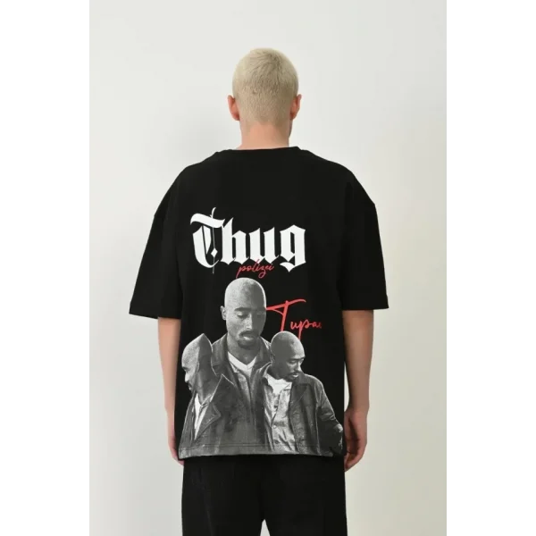 Unisex Baskılı Bisiklet Yaka Oversize T-Shirt - Siyah