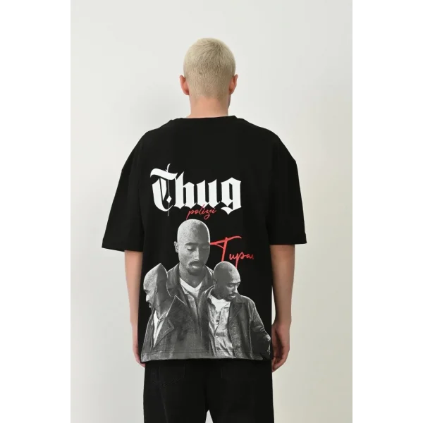 Unisex Baskılı Bisiklet Yaka Oversize T-Shirt - Siyah