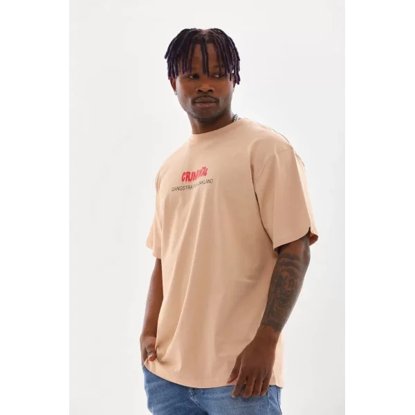 Unisex Baskılı Oversize T-Shirt - Bej