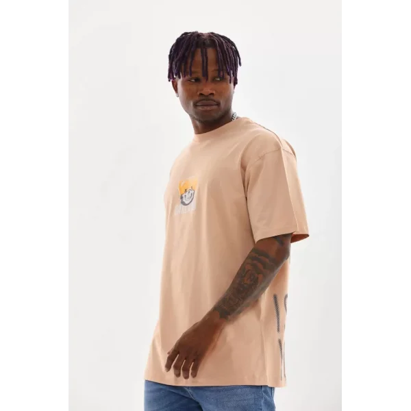 Unisex Baskılı Oversize T-Shirt - Bej