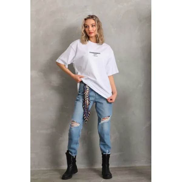 Unisex Baskılı Oversize T-Shirt - Beyaz