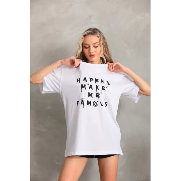 Unisex Baskılı Oversize T-Shirt - Beyaz
