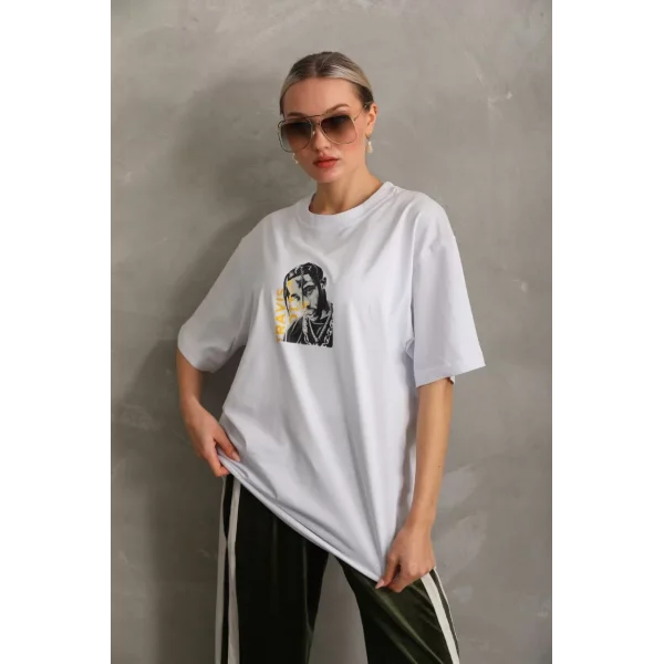 Unisex Baskılı Oversize T-Shirt - Beyaz
