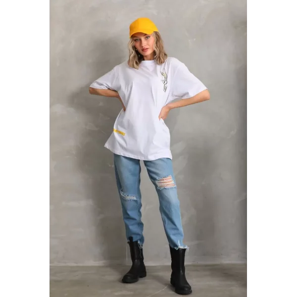 Unisex Baskılı Oversize T-Shirt - Beyaz