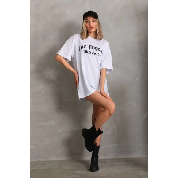 Unisex Baskılı Oversize T-Shirt - Beyaz