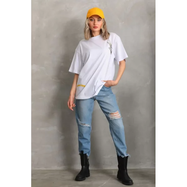Unisex Baskılı Oversize T-Shirt - Beyaz