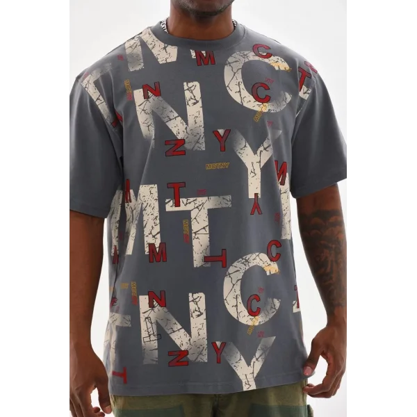 Unisex Baskılı Oversize T-Shirt - Füme