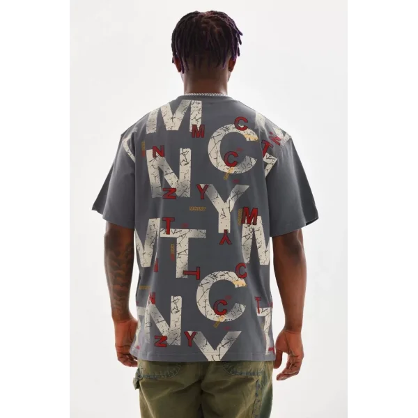 Unisex Baskılı Oversize T-Shirt - Füme