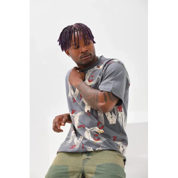 Unisex Baskılı Oversize T-Shirt - Füme