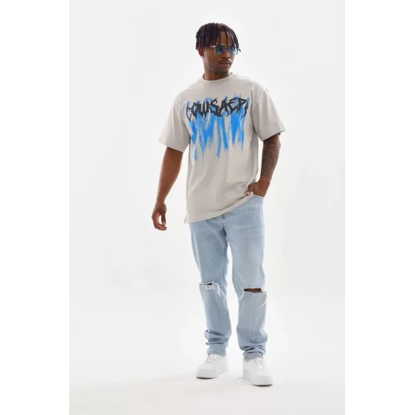 Unisex Baskılı Oversize T-Shirt - Gri