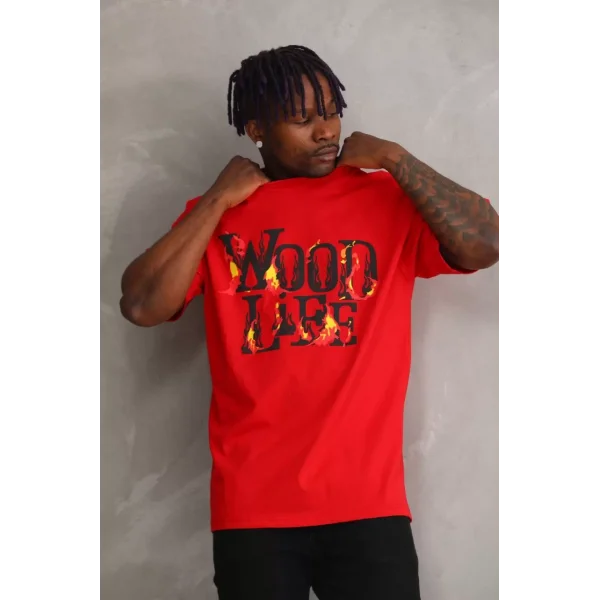 Unisex Baskılı Oversize T-Shirt - Kırmızı