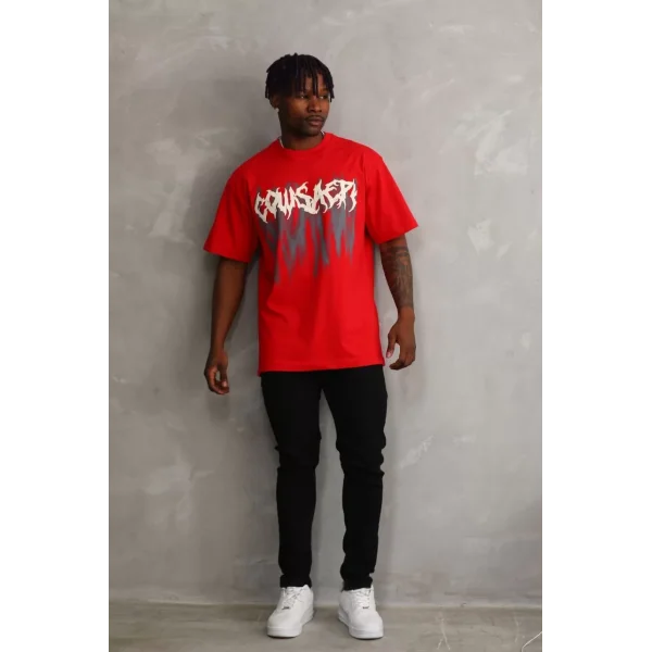 Unisex Baskılı Oversize T-Shirt - Kırmızı