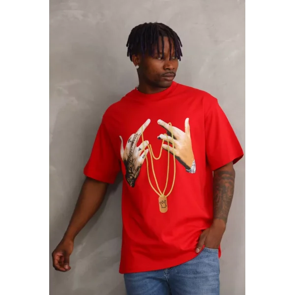 Unisex Baskılı Oversize T-Shirt - Kırmızı