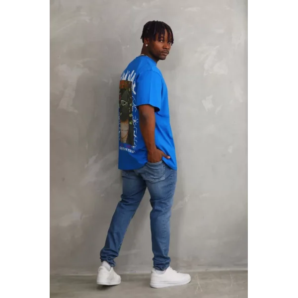 Unisex Baskılı Oversize T-Shirt - Mavi