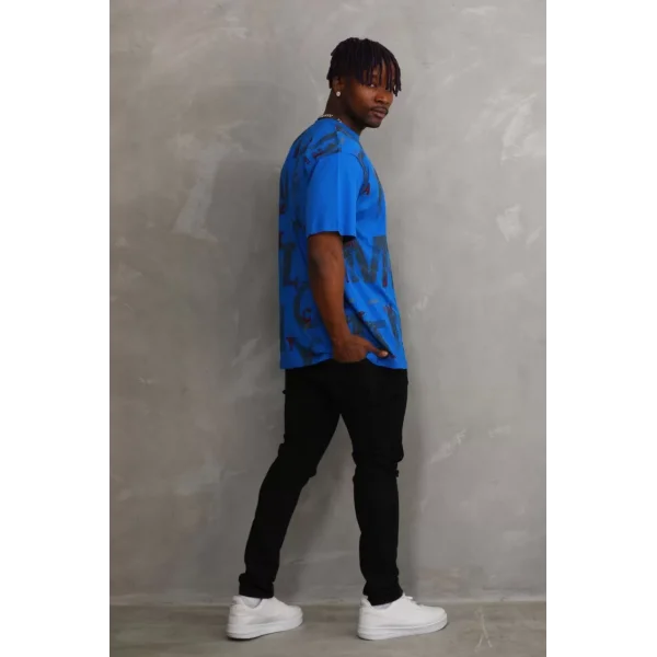 Unisex Baskılı Oversize T-Shirt - Mavi