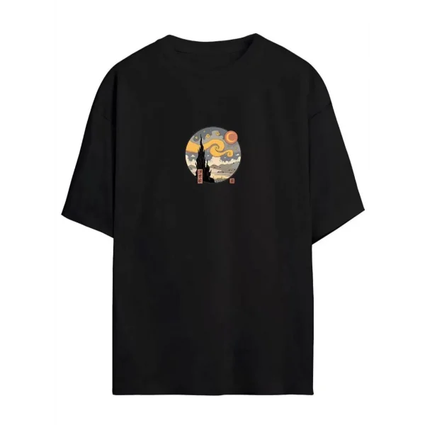 Unisex Baskılı Oversize T-Shirt - Siyah