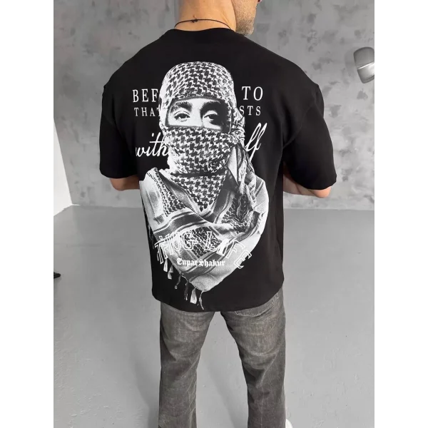Unisex Baskılı Oversize T-Shirt - Siyah