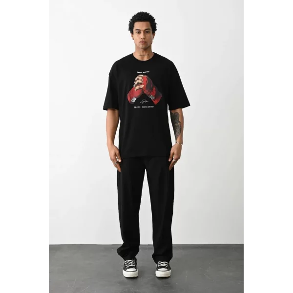 Unisex Baskılı Oversize T-Shirt - Siyah