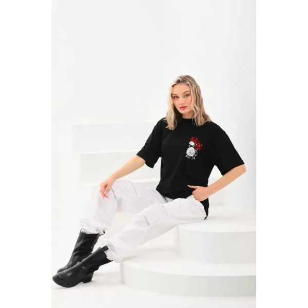 Unisex Baskılı Oversize T-Shirt - Siyah