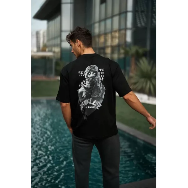 Unisex Baskılı Oversize T-Shirt - Siyah