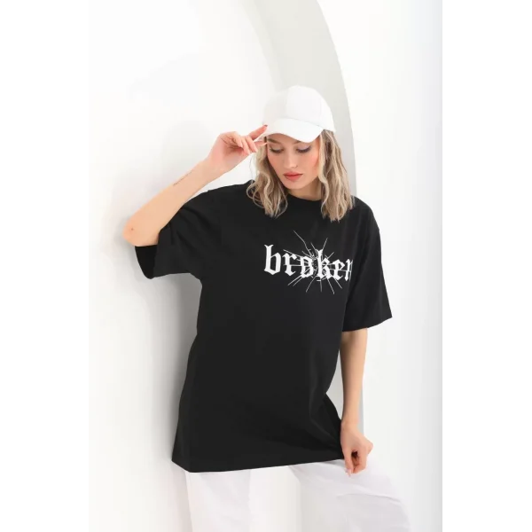 Unisex Baskılı Oversize T-Shirt - Siyah