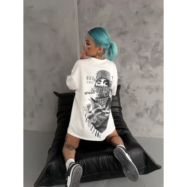 Unisex Baskılı Oversize Thirt  Beyaz