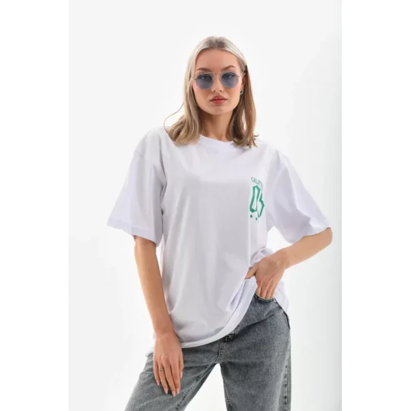 Unisex Baskılı Oversize Thirt  Beyaz