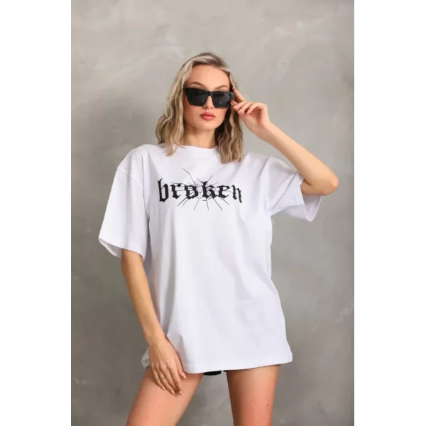 Unisex Baskılı Oversize Thirt  Beyaz