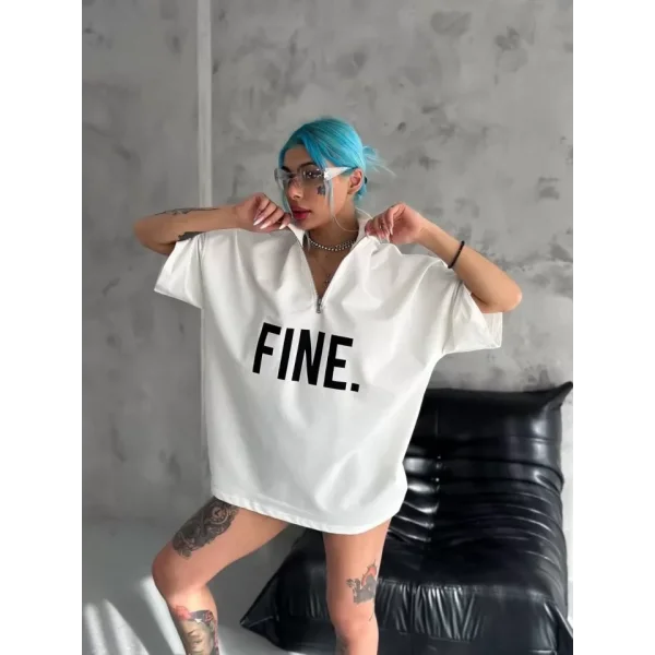 Unisex Baskılı Yarım Fermuarlı T-Shirt - Beyaz