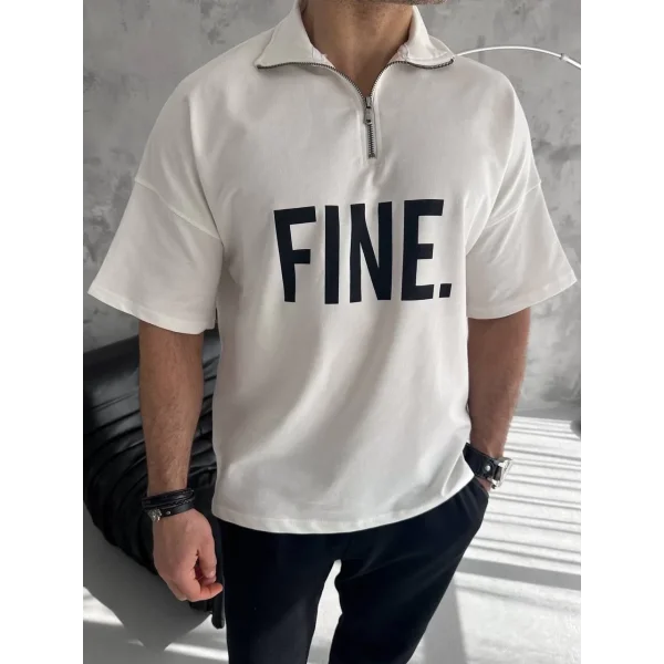 Unisex Baskılı Yarım Fermuarlı T-Shirt - Beyaz