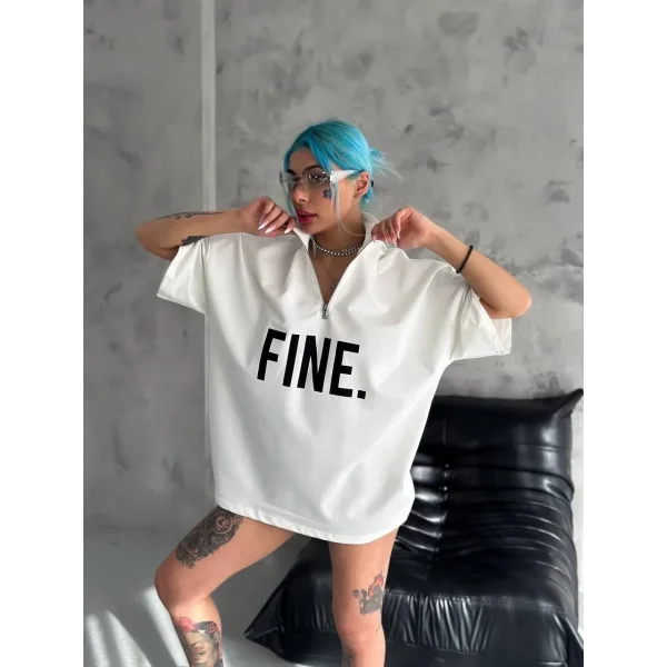 Unisex Baskılı Yarım Fermuarlı T-Shirt - Beyaz