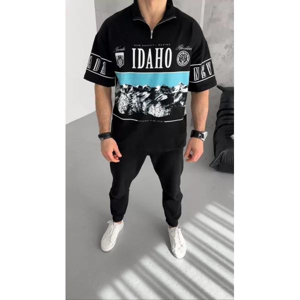 Unisex Baskılı Yarım Fermuarlı T-Shirt - Siyah