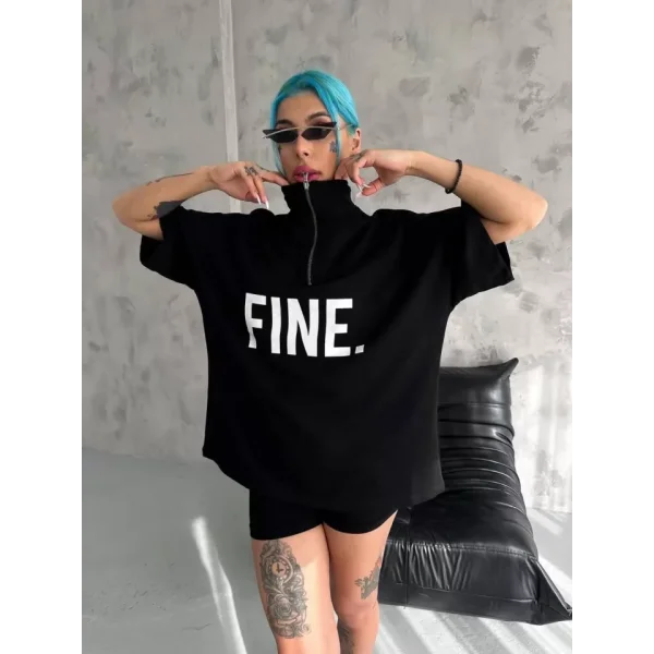 Unisex Baskılı Yarım Fermuarlı Thirt  iyah