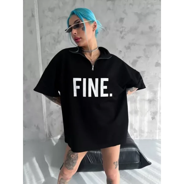 Unisex Baskılı Yarım Fermuarlı Thirt  iyah