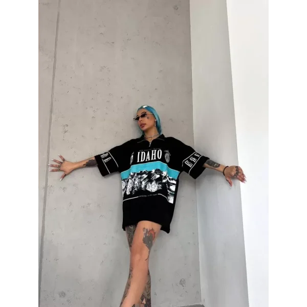 Unisex Baskılı Yarım Fermuarlı Thirt  iyah