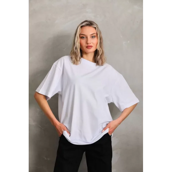 Unisex Bisiklet Yaka 20/1 Düz Oversize T-Shirt - Beyaz