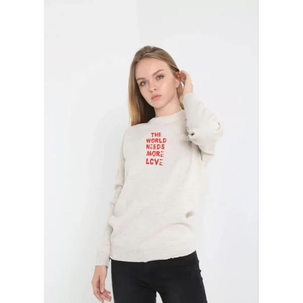 Unisex Bisiklet Yaka Baskılı Dokuma Triko - Bej