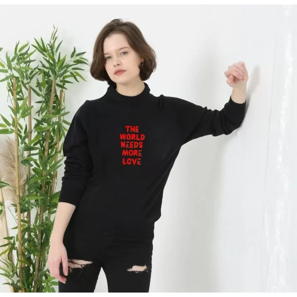 Unisex Bisiklet Yaka Baskılı Dokuma Triko - Siyah