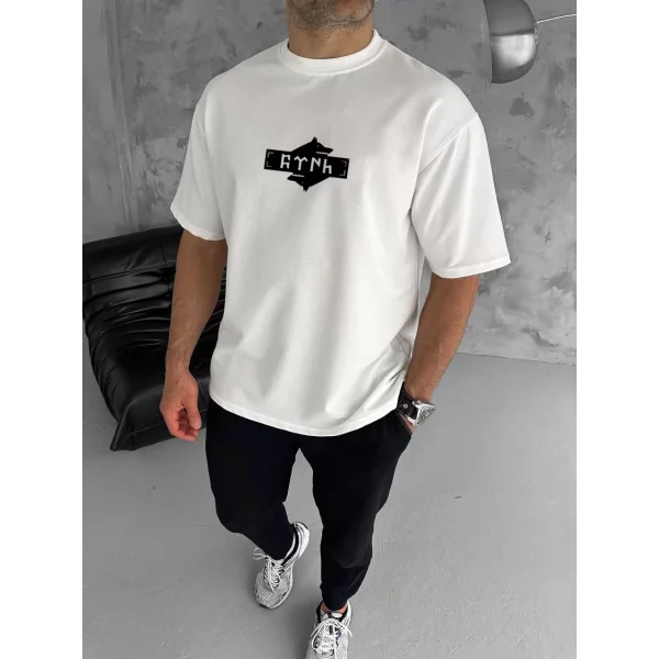 Unisex Bisiklet Yaka Baskılı Double Oversize T-Shirt - Beyaz