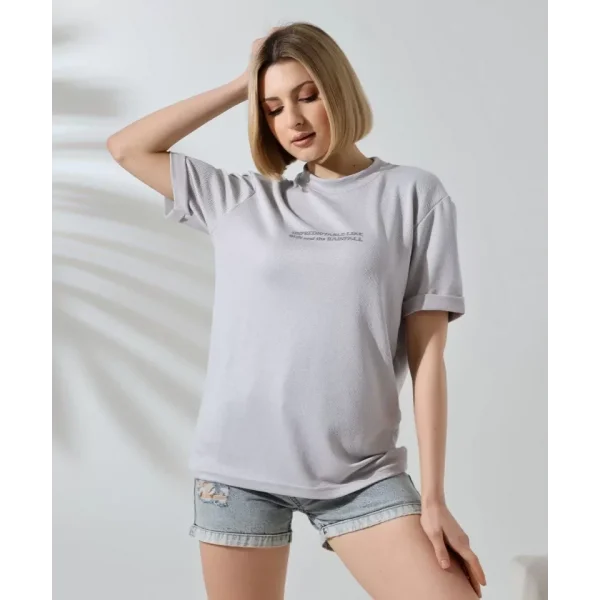 Unisex Bisiklet Yaka Baskılı lim Fit Thirt  Boyalı Gri