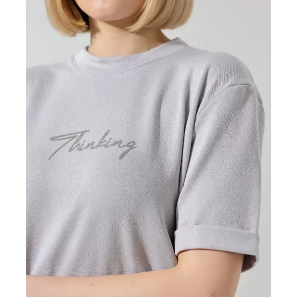 Unisex Bisiklet Yaka Baskılı lim Fit Thirt  Boyalı Gri