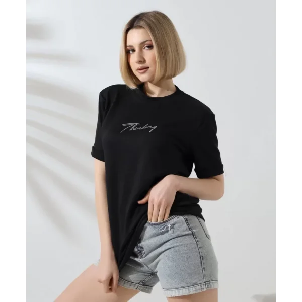 Unisex Bisiklet Yaka Baskılı lim Fit Thirt  iyah