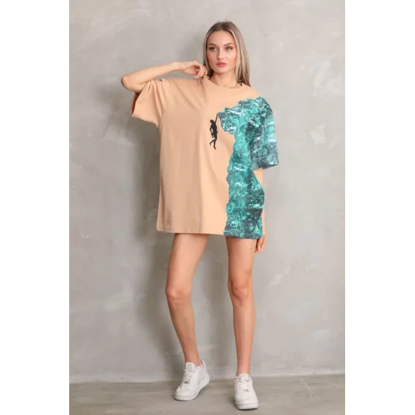 Unisex Bisiklet Yaka Baskılı Oversize T-Shirt - Bej