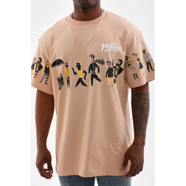Unisex Bisiklet Yaka Baskılı Oversize T-Shirt - Bej