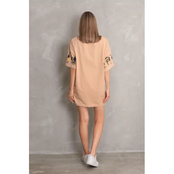 Unisex Bisiklet Yaka Baskılı Oversize T-Shirt - Bej