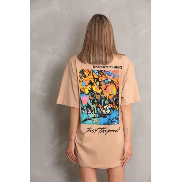 Unisex Bisiklet Yaka Baskılı Oversize T-Shirt - Bej