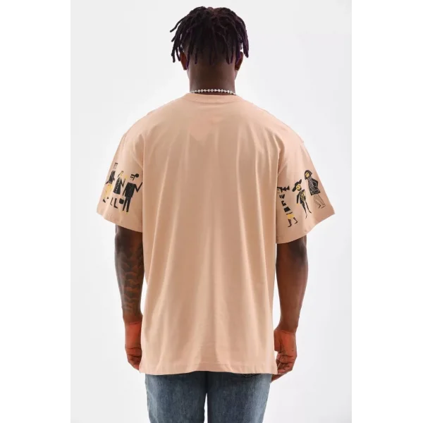 Unisex Bisiklet Yaka Baskılı Oversize T-Shirt - Bej