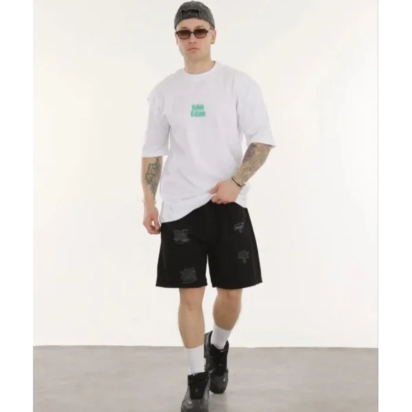 Unisex Bisiklet Yaka Baskılı Oversize T-Shirt - Beyaz