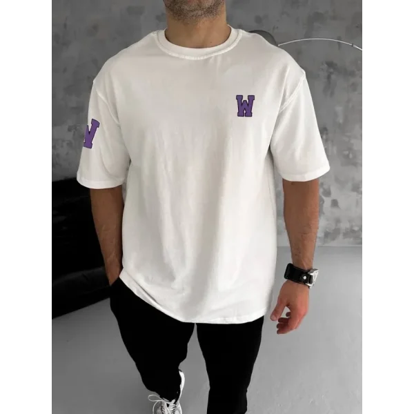 Unisex Bisiklet Yaka Baskılı Oversize T-Shirt - Beyaz